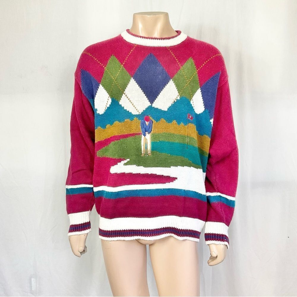 Par Four Vintage 90’s Men's Multicolor Argyle Golf Golfer Printed Crew Sweater L - Picture 3 of 10